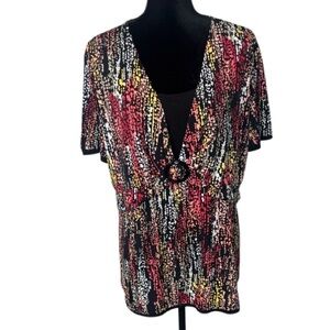 🌹JM Collection - Multicolor & Black Stretchy Short Sleeve Top - Size 2X